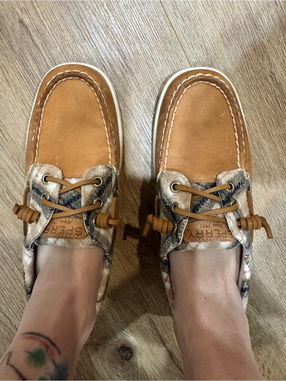 Sperry Tan Leather Moccasins with Patterned Fabric Trim